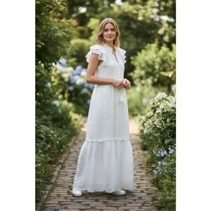 Chicos Midi Dress Sz 00 US 2 Alabaster White Eyelet Peasant Tie Prairie Tiered